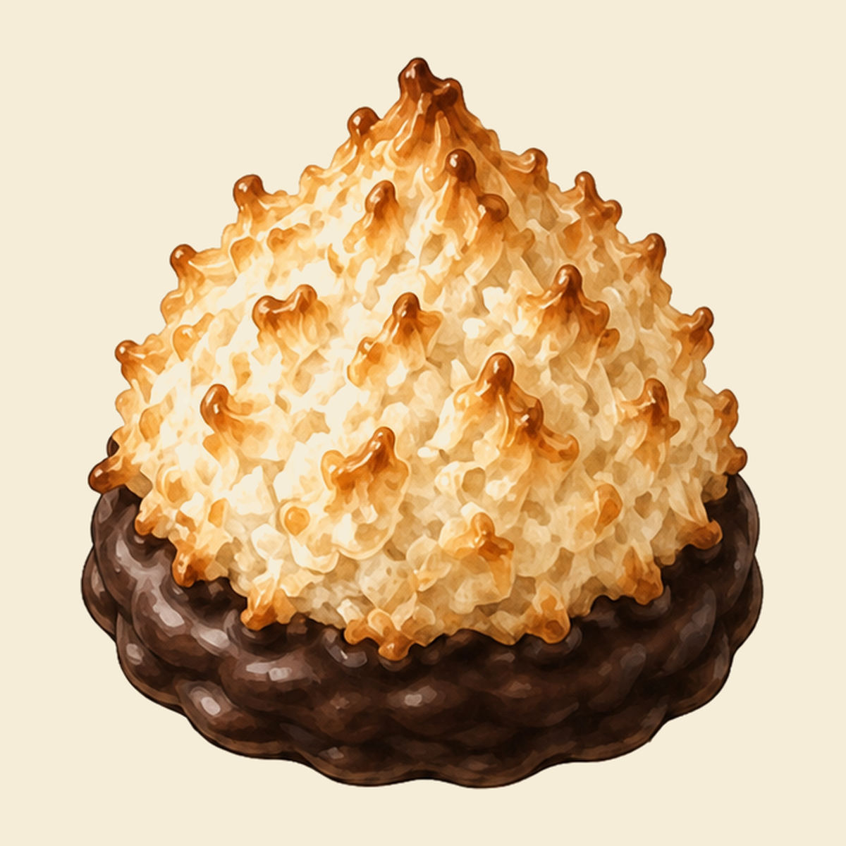 A coconut macaroon dipped in dark chocolate at the base