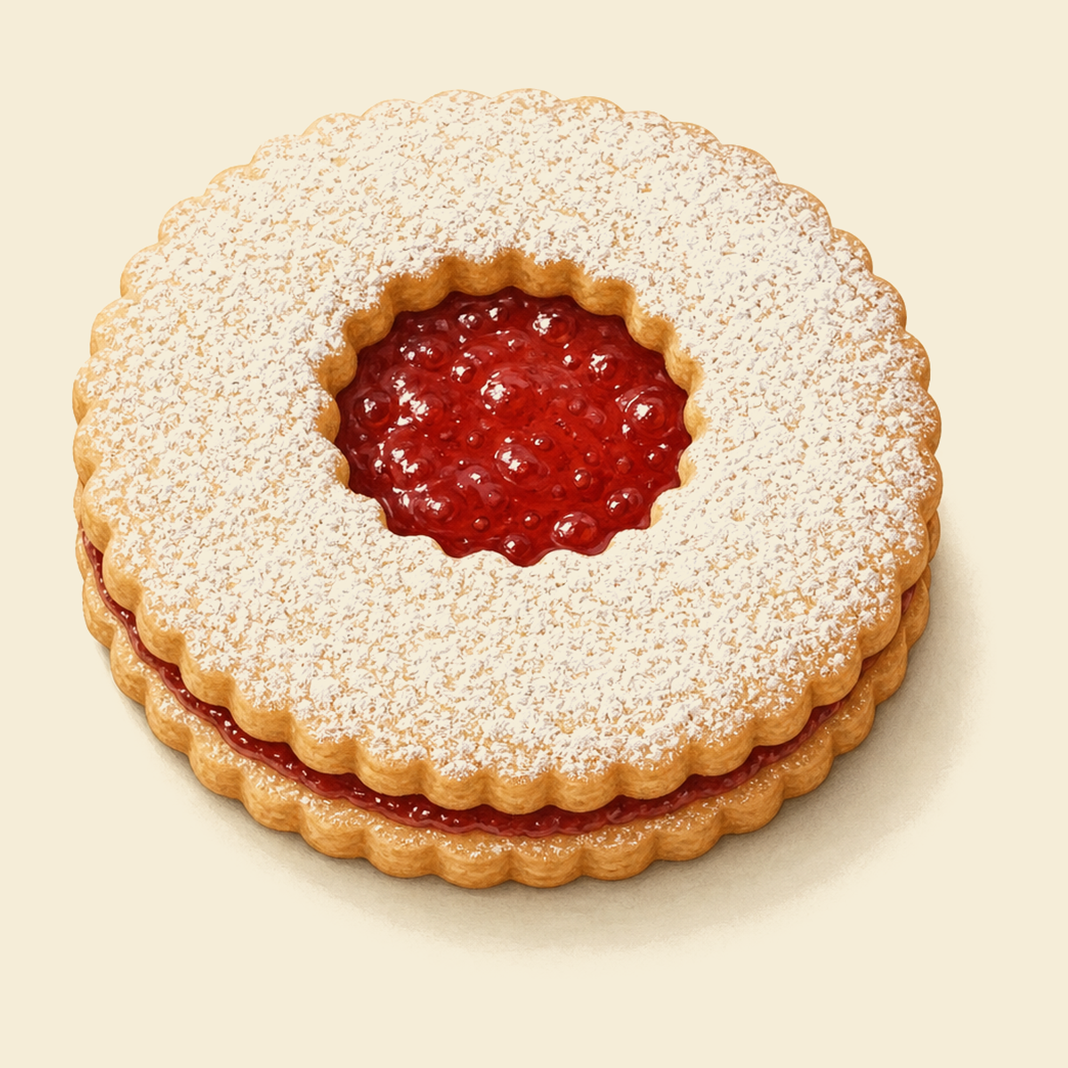A Linzer Augen cookie with strawberry jam centre, dusted in powdered sugar