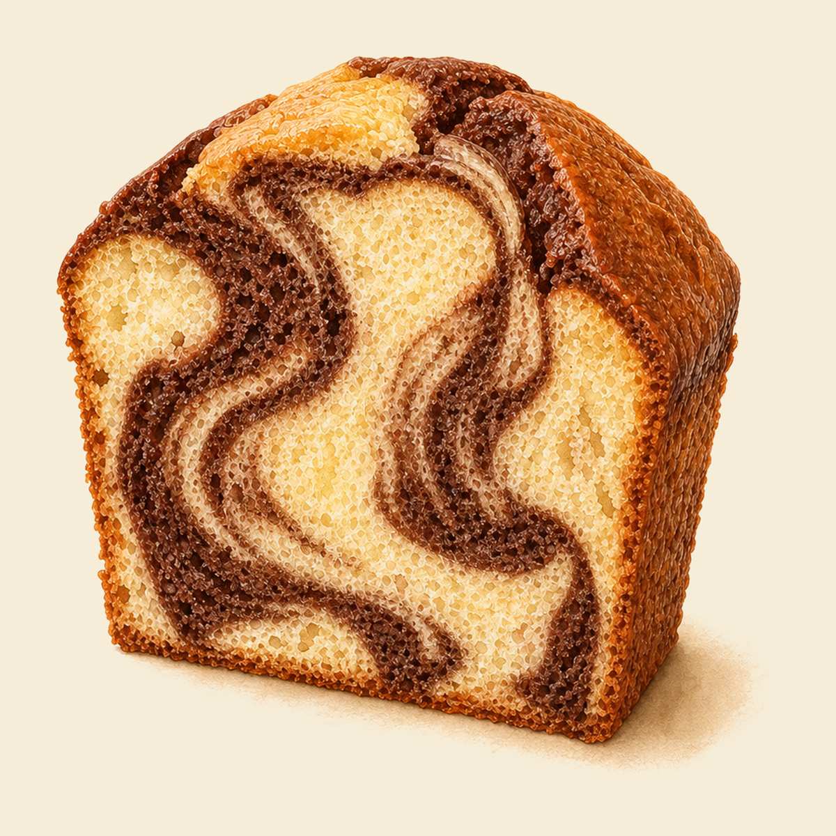 A slice of marble cake with chocolate and vanilla swirls